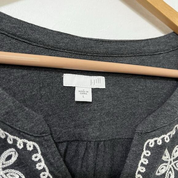 J Jill Gray Floral Embroidered Button Shirt Size L Charcoal Gray Boho Peasant - Picture 6 of 8